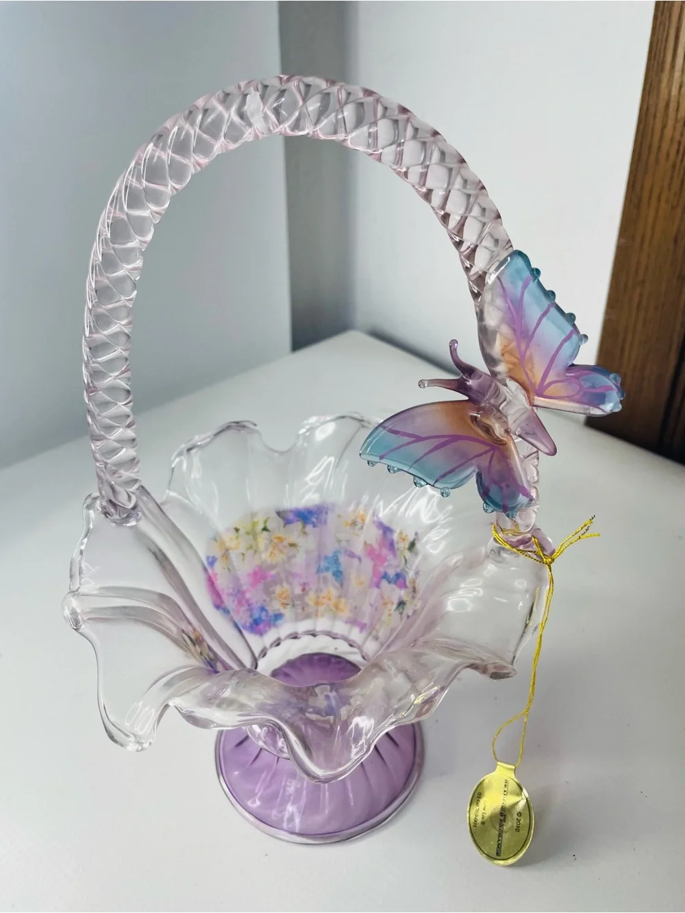 The Bradford Exchange Hand Blown Glass Basket with Multicolor Butterfly Accent